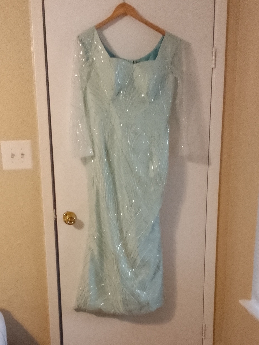 Sequin-Embellished Light Aqua Long Sleeve Evening Gown